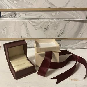 Faux Leather Ring Case with Box and Burgundy Ribbon